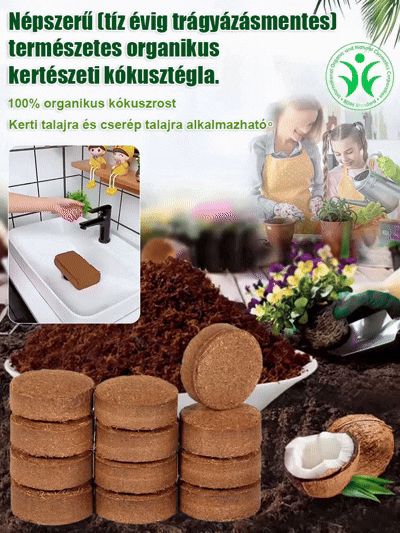 Tíz év műtrágyamentes kókuszrost talaj. Egy tégla = 10 év termékenység! Kókuszkorpa + lassan felszívódó tápanyagszemcsék, virágok és zöldségek termesztése műtrágya nélkül!